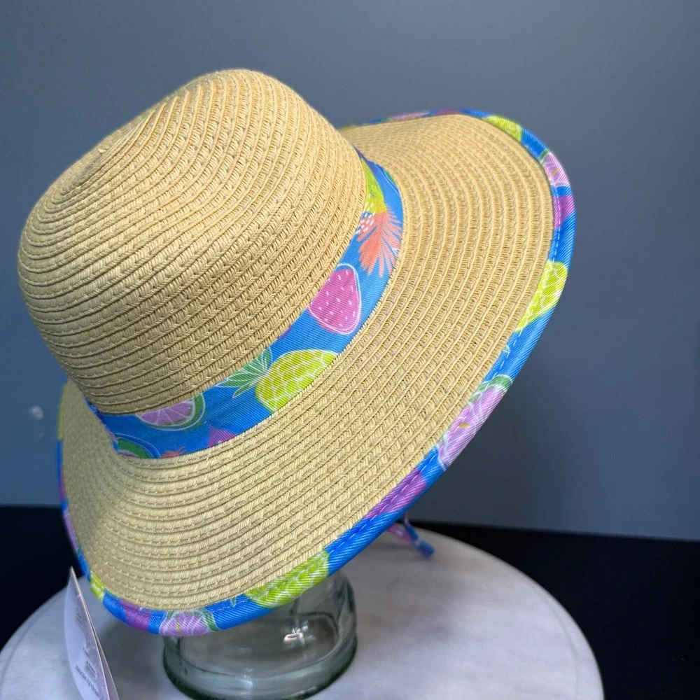 Tommy Bahama Kids Straw Sun Hat Tropical Fruit Print Wide Brim Adjustable Strap